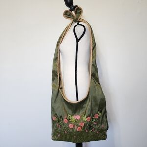 JNS Vintage Hobo Bag Embroidered 3D Pink Flowers Sateen Green Trendy Hippie 70's
